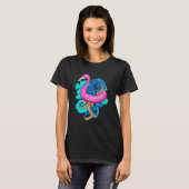 Blauwe Octopus In Roze Flamingo Float Pool Party F T-shirt (Voorkant volledig)