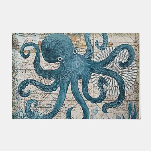 Blauwe Octopus  Kaart Kompas Badmat Deurmat (Voorkant)