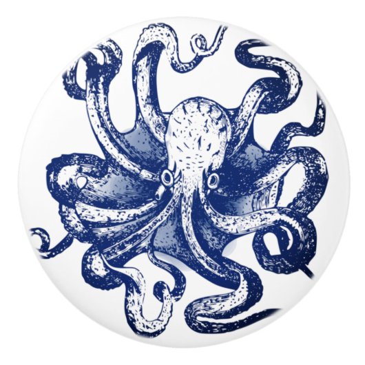 Blauwe octopus keramische knop (Voorkant)