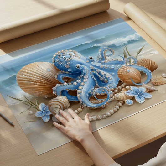 Blauwe Octopus Kust Muur Kunst Print | Muur Poster