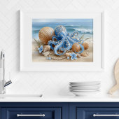Blauwe Octopus Kust Muur Kunst Print | Muur Poster