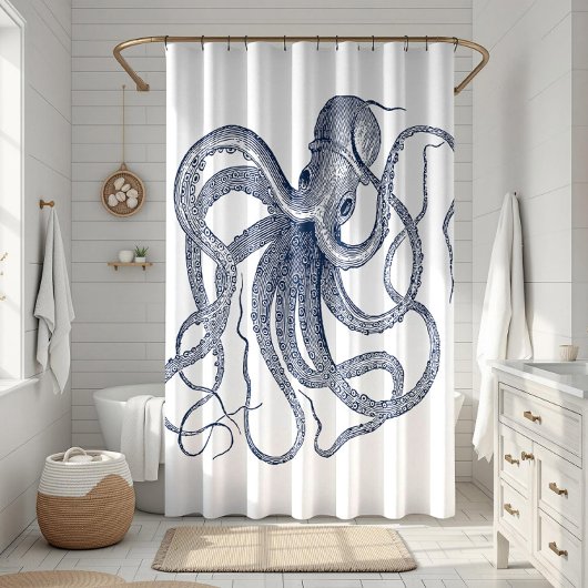 Blauwe octopus nautical illustratie douchegordijn
