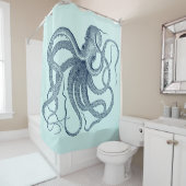 Blauwe octopus nautical illustratie op lichtgroen douchegordijn (In situ)
