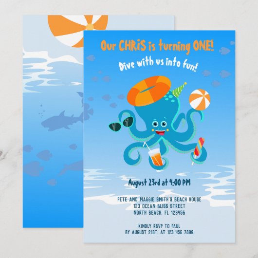  Blauwe Octopus Onder de Zee Jongens Verjaardagsfe Kaart (Voorkant / Achterkant)