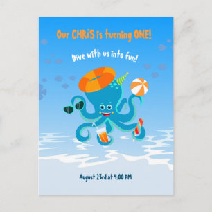 Blauwe Octopus Onder Zee Jongens Verjaardagsfeest Uitnodiging Briefkaart