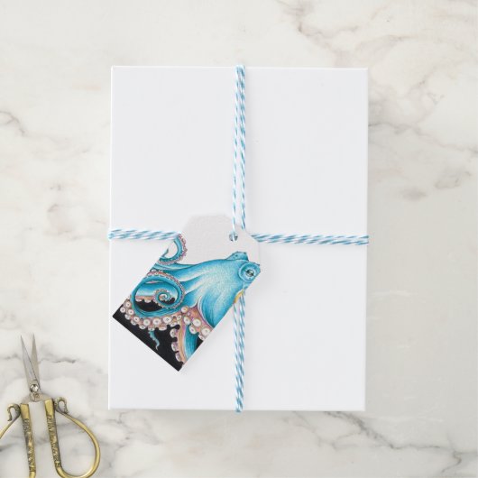 Blauwe octopus op witte inkt cadeaulabel (Met Touw)