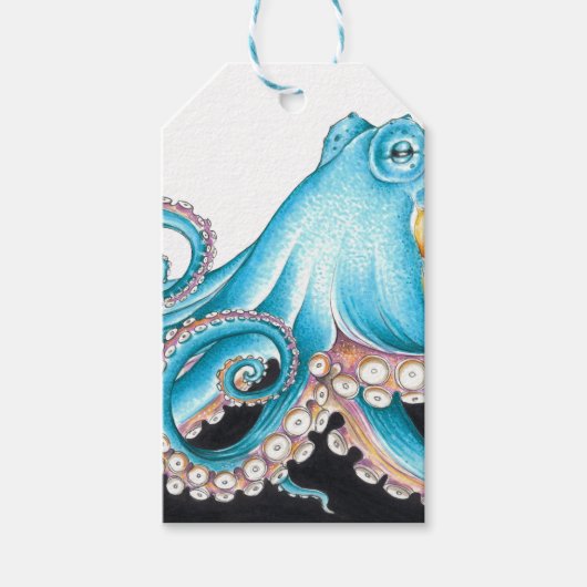 Blauwe octopus op witte inkt cadeaulabel (Voorkant)