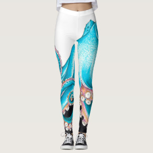 Blauwe octopus op witte inkt leggings