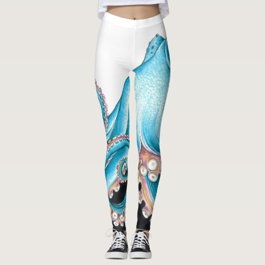 Blauwe octopus op witte inkt leggings (Voorkant)