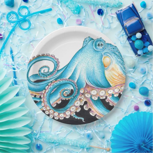 Blauwe octopus op witte inkt papieren bordje (Feest)