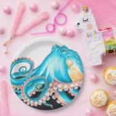 Blauwe octopus op witte inkt papieren bordje (Feest)