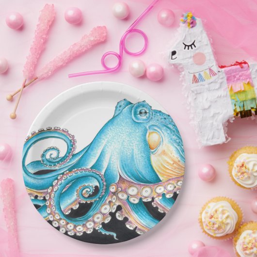 Blauwe octopus op witte inkt papieren bordje (Feest)