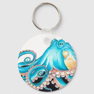Blauwe octopus op witte inkt sleutelhanger