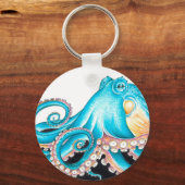 Blauwe octopus op witte inkt sleutelhanger (Voorkant)