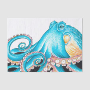 Blauwe octopus op witte inkt tissuepapier