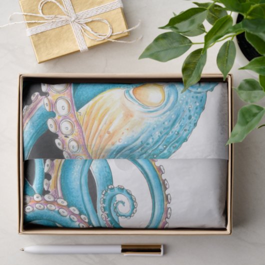 Blauwe octopus op witte inkt tissuepapier (Geschenk)