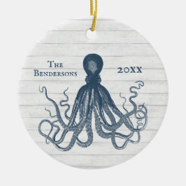  BLAUWE OCTOPUS-ORNATIE OVER WITTE HOUT KERAMISCH ORNAMENT