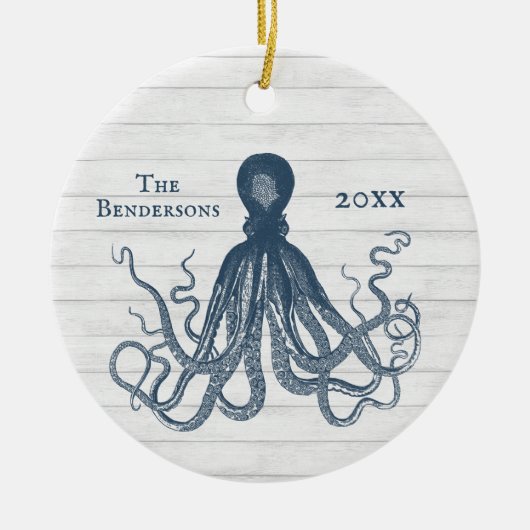  BLAUWE OCTOPUS-ORNATIE OVER WITTE HOUT KERAMISCH ORNAMENT (Voorkant)