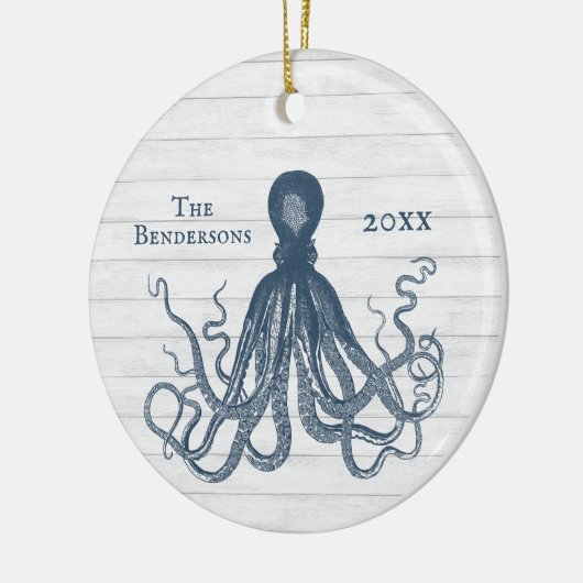  BLAUWE OCTOPUS-ORNATIE OVER WITTE HOUT KERAMISCH ORNAMENT (Links)