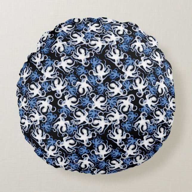 Blauwe octopus repeterend patroon rond kussen (Voorkant)