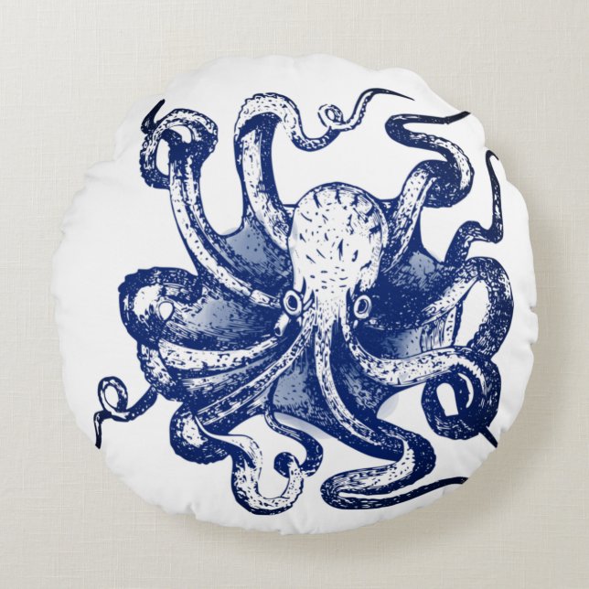 Blauwe octopus rond kussen (Voorkant)