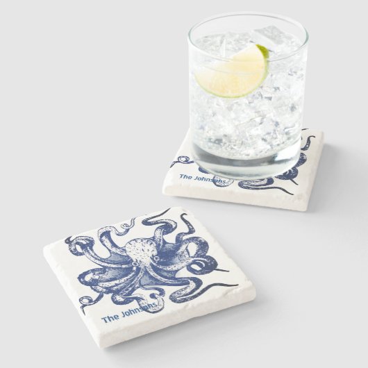 Blauwe octopus stenen onderzetter (Zijkant)