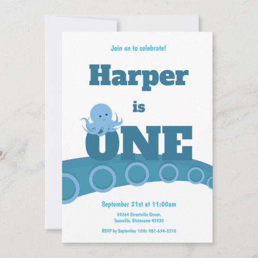 Blauwe octopus | Uitnodiging voor verjaardagsfeest (Voorkant)