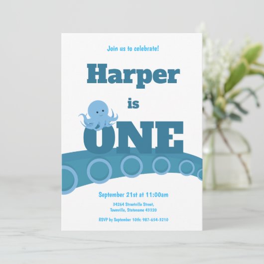 Blauwe octopus | Uitnodiging voor verjaardagsfeest (Staand voorkant)