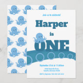 Blauwe octopus | Uitnodiging voor verjaardagsfeest (Voorkant / Achterkant)