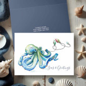 Blauwe Octopus Waterverf Beach Kerstmis Feestdagen Kaart