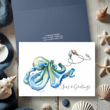 Blauwe Octopus Waterverf Beach Kerstmis