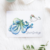 Blauwe Octopus Waterverf Beach Kerstmis Feestdagen Kaart