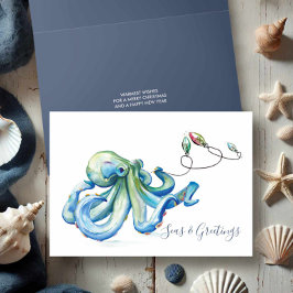 Blauwe Octopus Waterverf Strand Kerstmis Feestdagen Kaart