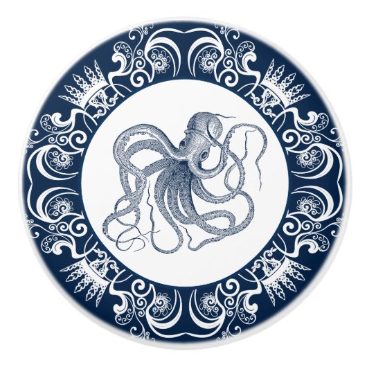 Blauwe octopus witte lijst keramische knop (Voorkant)