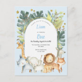 blauwe oerwoud safari jongen eerste verjaardag uitnodiging briefkaart (Voorkant)