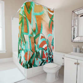 Blauwe of cyaanstrepen boven bijtend roodachtig si douchegordijn