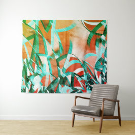 Blauwe of cyaanstrepen boven bijtend roodachtig si wandkleed