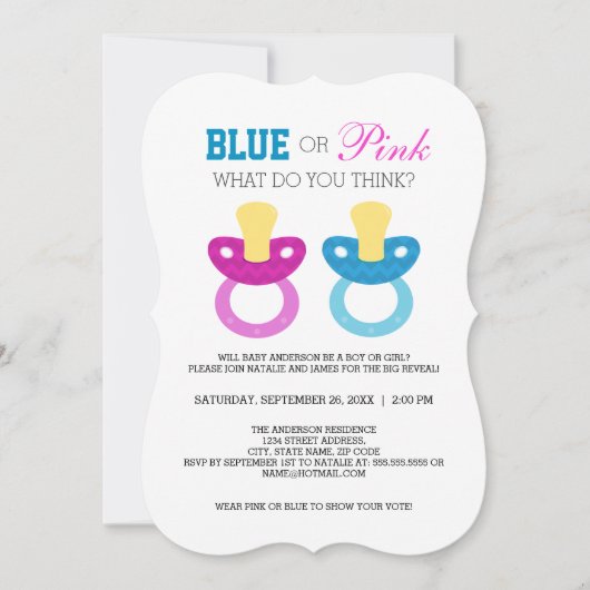 Blauwe of Roze Baby Pacifier Gender Reveal Party Kaart (Voorkant)