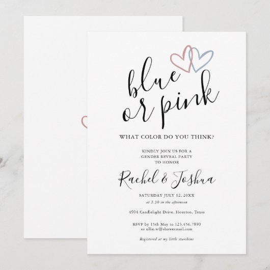 Blauwe of roze liefdesharten gender reveal party kaart (Voorkant / Achterkant)