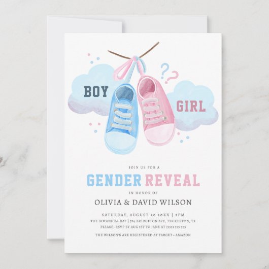 Blauwe of roze sneaker genderonthulling kaart (Voorkant)