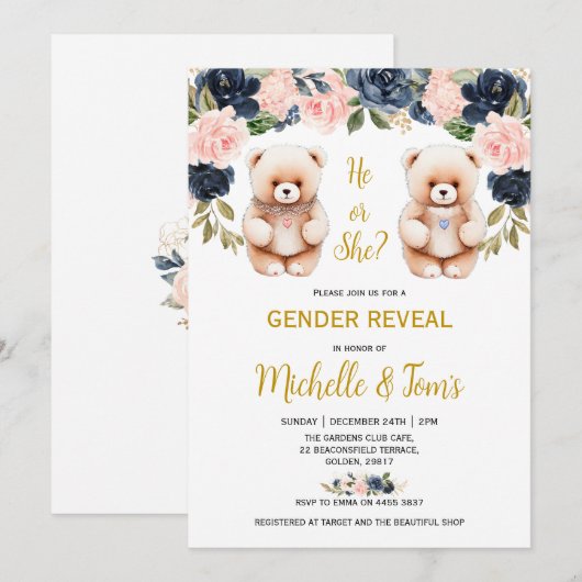 Blauwe of roze Teddy Bear Geslacht Partij Kaart (Voorkant / Achterkant)