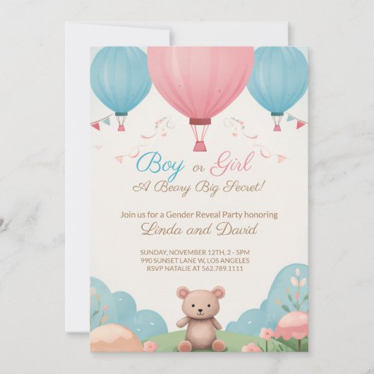 Blauwe of roze Teddy Bear Geslacht Partij Kaart (Voorkant)