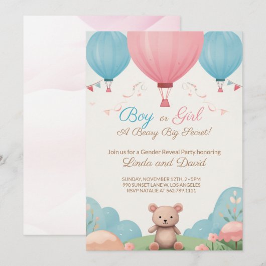 Blauwe of roze Teddy Bear Geslacht Partij Kaart (Voorkant / Achterkant)