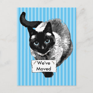 Blauwe ogen Siamese kat met "We zijn bewegend teke Aankondigingskaart