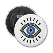 Blauwe ogen voor succes, beschermstrook talisman button flesopener (Voorkant)