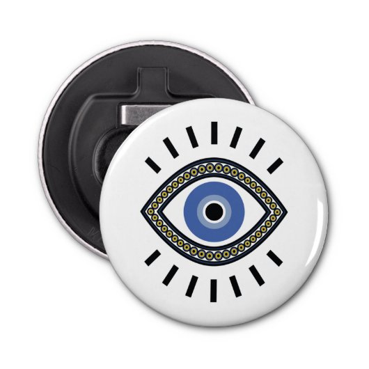 Blauwe ogen voor succes, beschermstrook talisman button flesopener (Voorkant)