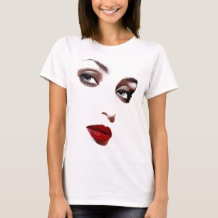 Blauwe ogen vrouwen zien rode lippen make-up kunst t-shirt
