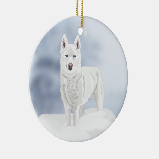 Blauwe ogen, witte Husky, in sneeuw Keramisch Ornament (Rechts)