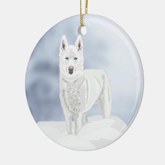 Blauwe ogen, witte Husky, in sneeuw Keramisch Ornament (Links)