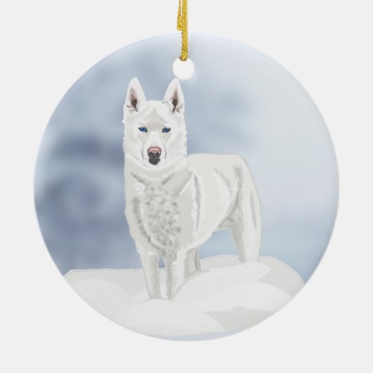 Blauwe ogen, witte Husky, in sneeuw Keramisch Ornament (Achterkant)